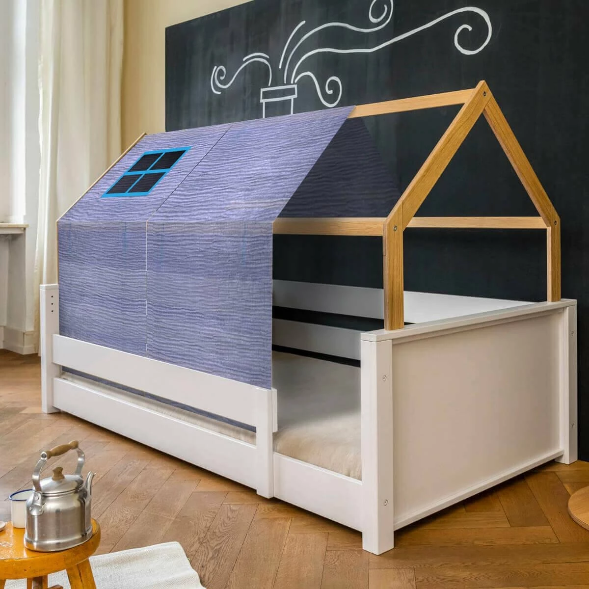 Cama Montessori Barrera Simple-estructura Techo KASVA Con Textiles Viena Azul - Imagen 2
