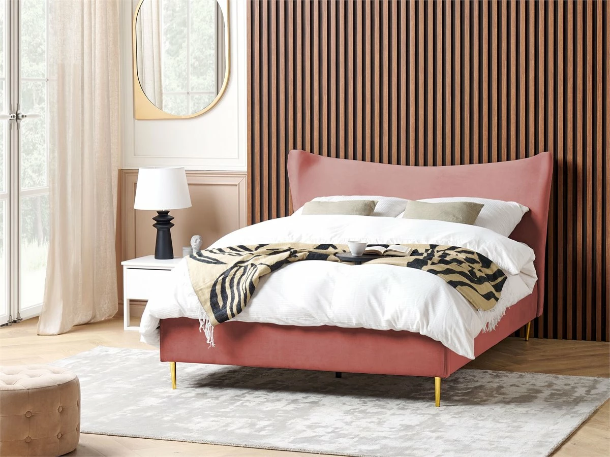 Cama Con Somier De Terciopelo Rosa Melocot贸n/dorado 140 X 200 Cm CHALEIX