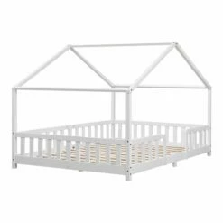 Cama Para Niños Treviolo Forma De Casa Pino 140x200 Cm Blanco Mate [en.casa]