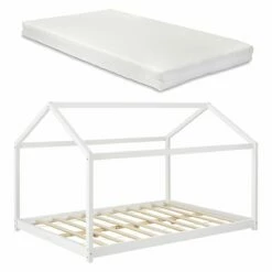 Cama Para Niños Cerro Con Colchón En Forma De Casa Madera Pino 140 X 200 Cm - Blanco [en.casa]