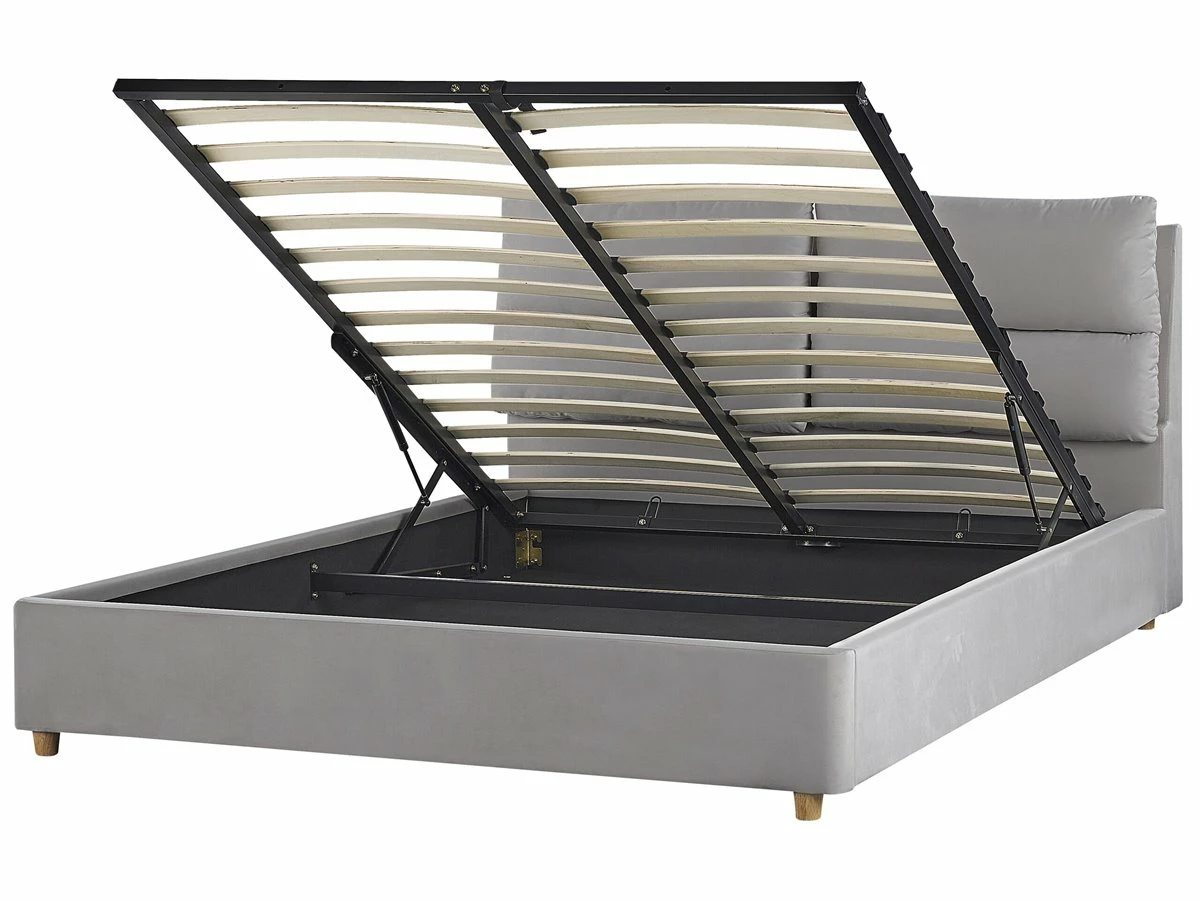 Cama Con Somier De Terciopelo Gris Claro 160 X 200 Cm BATILLY - Imagen 2