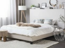 Cama Con Somier De Poliéster Beige/madera Oscura 140 X 200 Cm ROANNE