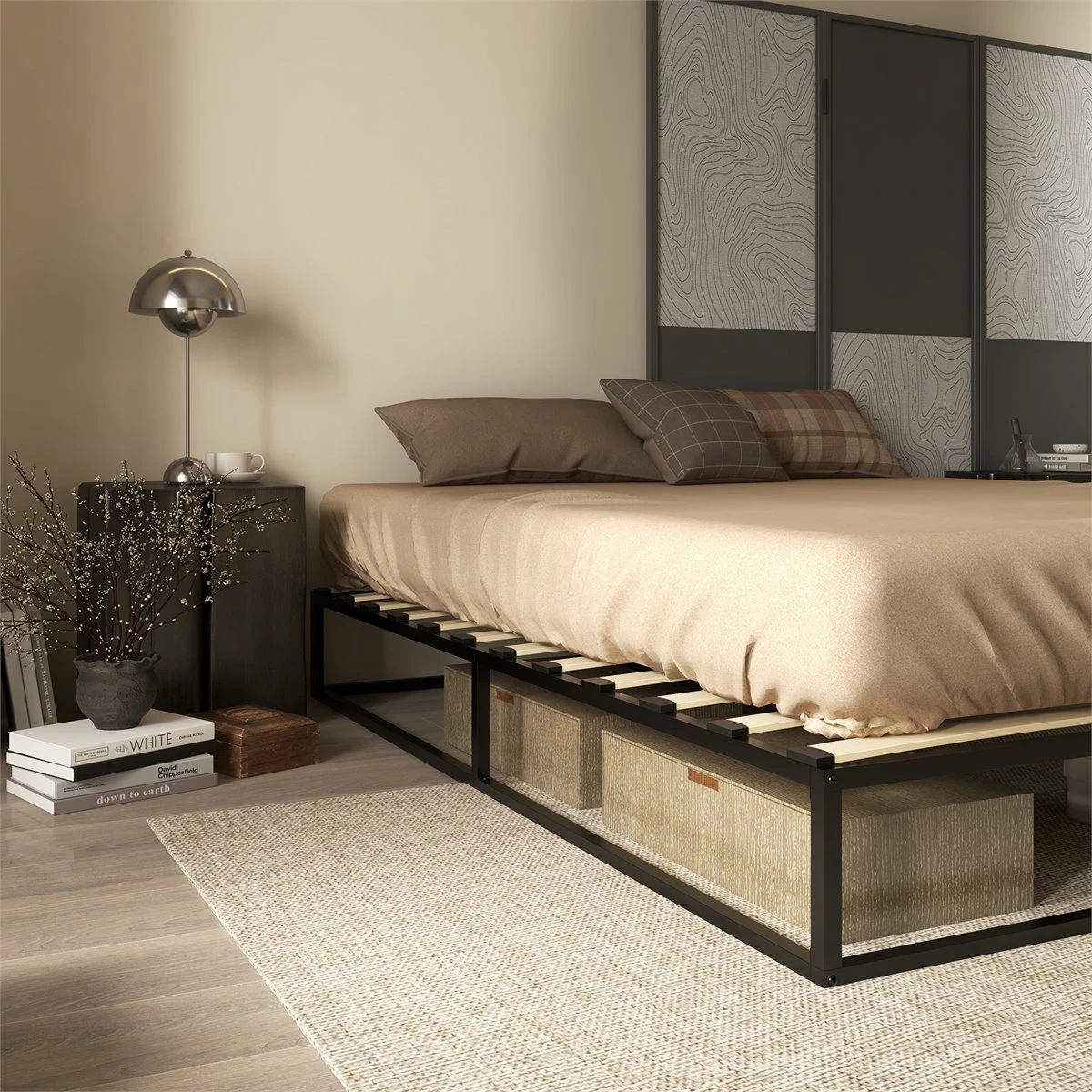 HOMCOM Marco De Cama De Acero Altura 25 Cm Estructura De Cama Para Colchón 180x200 Cm Somier De Listones De Madera Para 1-2 Personas Estilo Moderno Negro - Imagen 7