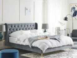 Cama Con Somier De Terciopelo Gris 160 X 200 Cm FORBACH