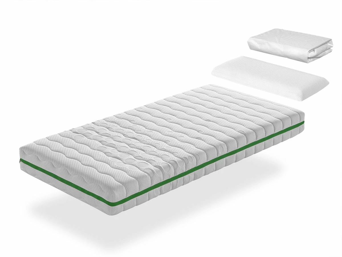 Pack Colchón Muelles Ensacados 70X190 GEA MUELLES CAMA INFANTIL, Altura 18 CM + 1 Almohada Viscoelastica 70X35 + 1 Protector Colchon 70X190