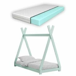 Cama Infantil Onejda Con Colchón De Espuma Fría- Diseño Tipi - Pino 70 X140 Cm - Verde Menta [en.casa]