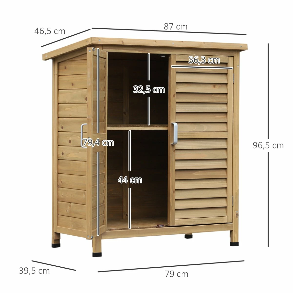 Outsunny Cobertizo De Almacenamiento De Madera Para Jardín 87x46,5x96,5 Cm Con 2 Estantes Interiores 2 Puertas De Buena Ventilación Y Techo Inclinado Para Exterior Terreza Natural - Imagen 2