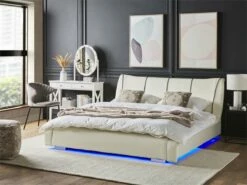 Cama LED De Piel Blanco Crema/plateado 180 X 200 Cm NANTES