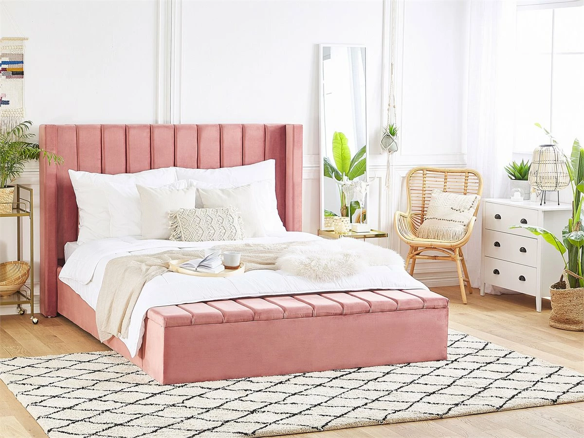 Cama Con Somier De Terciopelo Rosa 160 X 200 Cm NOYERS - Imagen 4