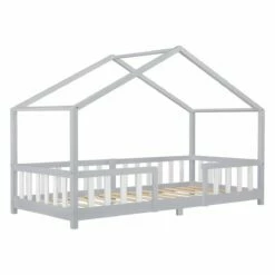 Cama Para Niños Treviolo Forma De Casa Pino 90x200 Cm Gris Claro Y Blanco Mate [en.casa]