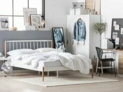 Cama Con Somier De Metal Blanco/madera Clara 160 X 200 Cm MAURS