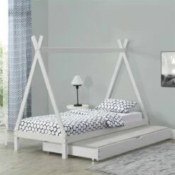 Cama Para Niños Cree - Diseño De Carpa Indio - Cama Extraíble De Pino 90 X 200 Cm Blanco Mate [en.casa]