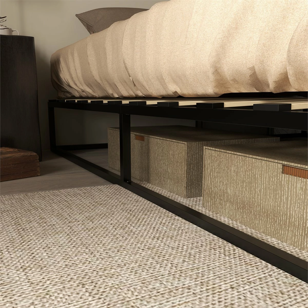 HOMCOM Marco De Cama De Acero Altura 25 Cm Estructura De Cama Para Colchón 180x200 Cm Somier De Listones De Madera Para 1-2 Personas Estilo Moderno Negro - Imagen 8