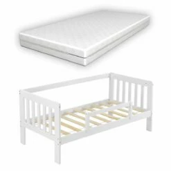 Cama Para Niños Selfoss Con Colchón Somier Reja De Seguridad Pino - 80 X 160 Cm - Blanco [en.casa]