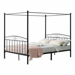 Cama Doble Con Baldaquín Lahti Con Dosel Acero 180 X200 Cm - Negro [en.casa]