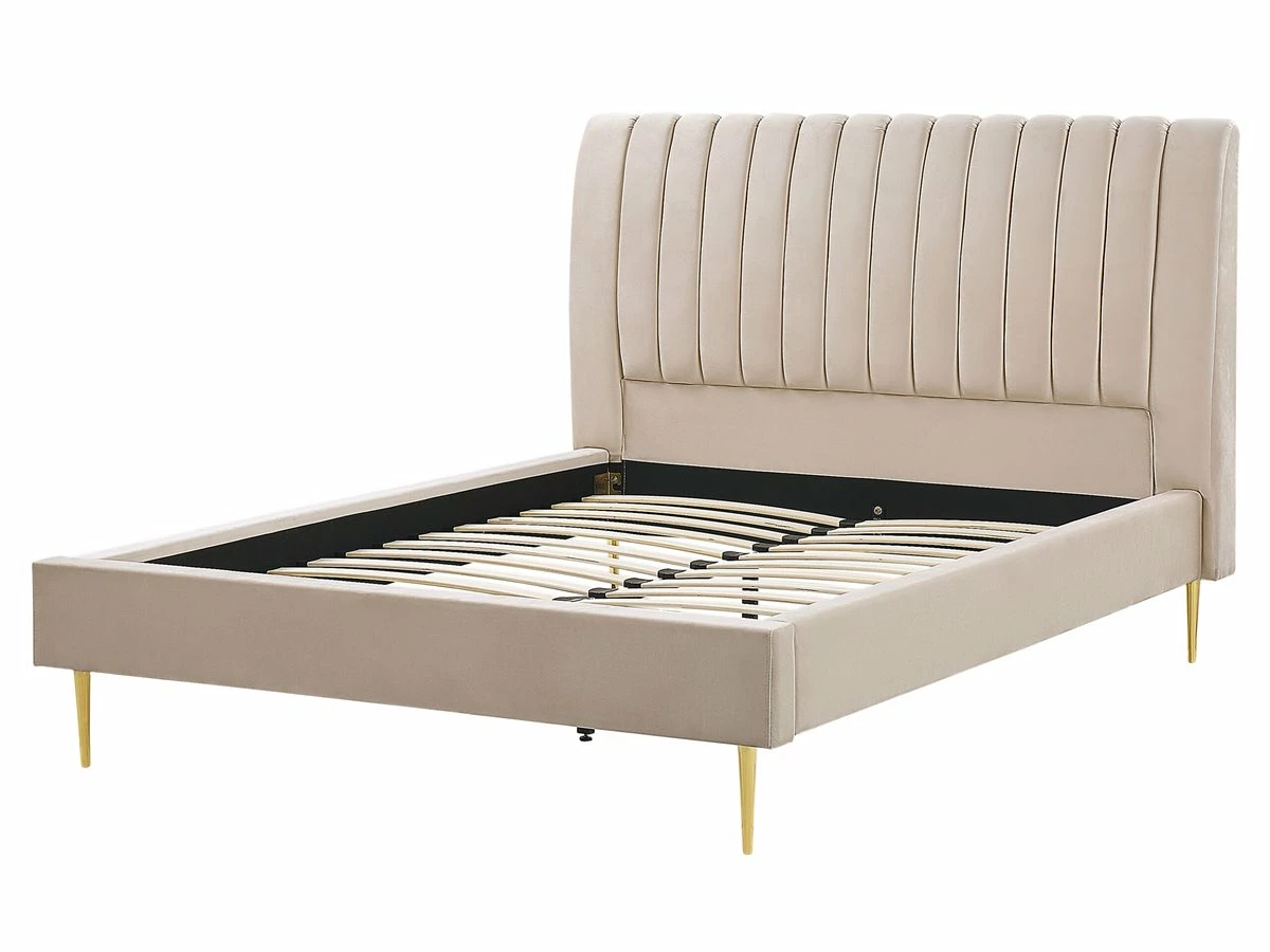 Cama Con Somier De Terciopelo Beige Arena/dorado 160 X 200 Cm MARVILLE - Imagen 4