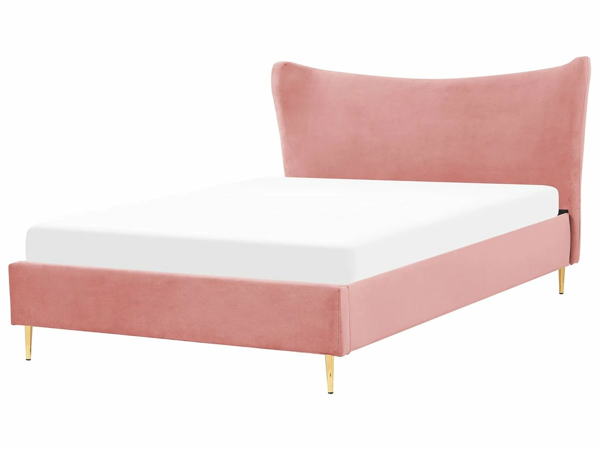 Cama Con Somier De Terciopelo Rosa Melocot贸n/dorado 160 X 200 Cm CHALEIX - Imagen 2