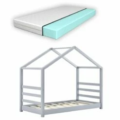 Cama Para Niños Vardø Con Colchón Y Somier - Forma De Casa - Pino 160 X 80 Cm - Gris Lacado Mate [en.casa]