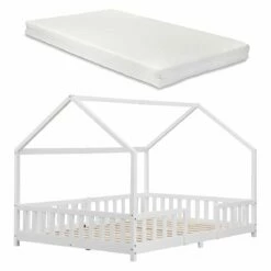 Cama Para Niños Sisimiut Forma De Casa Pino Con Colchón 140x200 Cm Blanco Mate [en.casa][neu.haus]