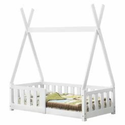 Cama Infantil Helsingborg Con Reja De Seguridad - Estructura Tipi - Pino 140x70 Cm - Blanco Mate [en.casa]
