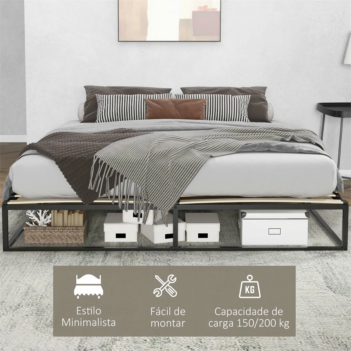 HOMCOM Marco De Cama De Acero Altura 25 Cm Estructura De Cama Para Colchón 180x200 Cm Somier De Listones De Madera Para 1-2 Personas Estilo Moderno Negro - Imagen 4