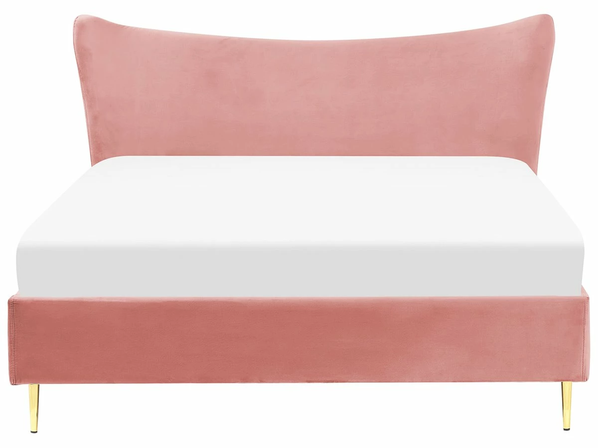 Cama Con Somier De Terciopelo Rosa Melocot贸n/dorado 160 X 200 Cm CHALEIX - Imagen 4