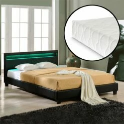 Corium Cama De Matrimonio Paris De Cuero Sintético - Con Colchón Y LED - (160x200cm) - (negro)