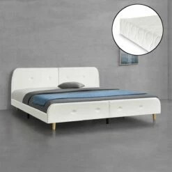 Cama Doble Tapizada Silkeborg MDF/Polipiel Colchón De Espuma Fría 180x200 Cm - Blanco [en.casa]