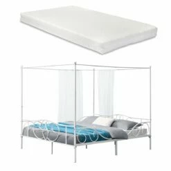 Cama Con Baldaquín Finström Con Colchón Y Marco Alto Acero 180 X 200 Cm - Blanco Mate [en.casa]