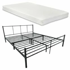 Cama Doble Laos De Metal Con Colchón De Espuma Fría 180 X 200cm Somier Negro Mate [en.casa]