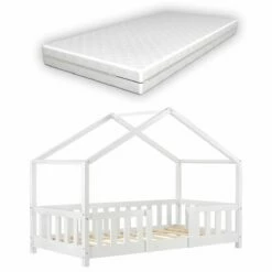 Cama Para Niños Treviolo Forma De Casa Pino Con Colchón 80x160 Cm Blanco Mate [en.casa][neu.haus]