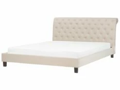 Cama Con Somier De Poliéster Beige/madera Oscura 180 X 200 Cm REIMS