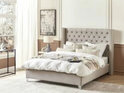 Cama Con Somier De Terciopelo Gris Claro/plateado 160 X 200 Cm LUBBON
