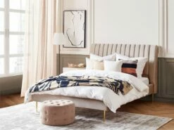 Cama Con Somier De Terciopelo Beige Arena/dorado 140 X 200 Cm MARVILLE