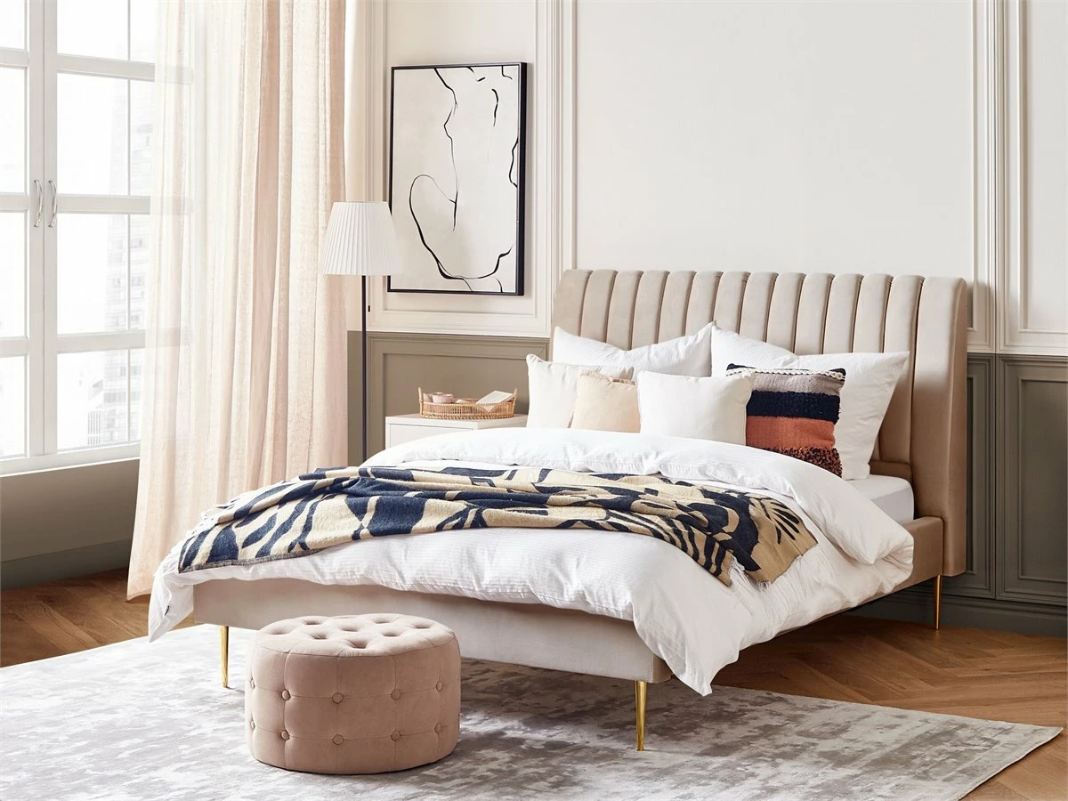 Cama Con Somier De Terciopelo Beige Arena/dorado 140 X 200 Cm MARVILLE