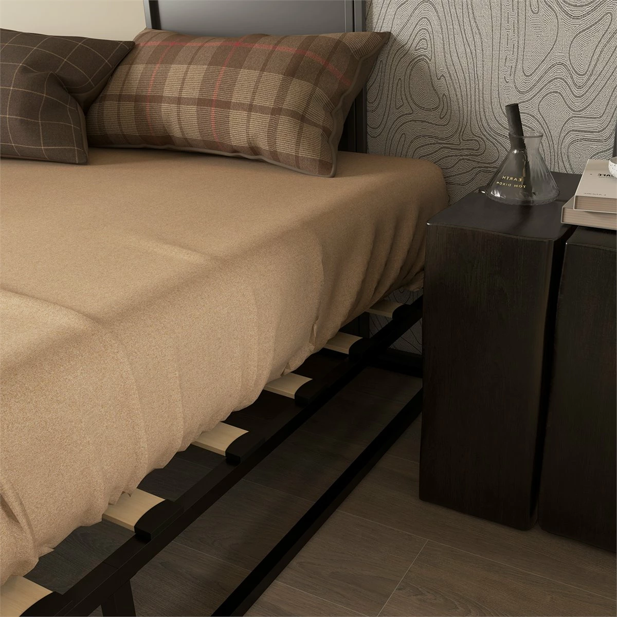 HOMCOM Marco De Cama De Acero Altura 25 Cm Estructura De Cama Para Colchón 180x200 Cm Somier De Listones De Madera Para 1-2 Personas Estilo Moderno Negro - Imagen 9