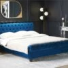 Cama Con Somier De Terciopelo Azul Marino/madera Oscura 180 X 200 Cm AVALLON