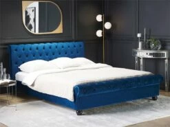 Cama Con Somier De Terciopelo Azul Marino/madera Oscura 180 X 200 Cm AVALLON