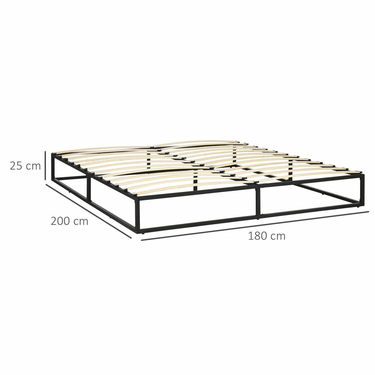 HOMCOM Marco De Cama De Acero Altura 25 Cm Estructura De Cama Para Colchón 180x200 Cm Somier De Listones De Madera Para 1-2 Personas Estilo Moderno Negro - Imagen 3