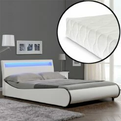 Corium Cama Doble (Valencia) De Cuero Sintético Con Colchón Y LED - (180cm X 200cm) - (blanco)