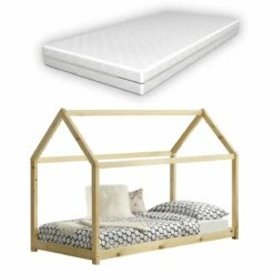 Cama Infantil Netstal Con Colchón Ortopédico - Forma De Casa - Pino 80 X 160 Cm - Natural [en.casa]