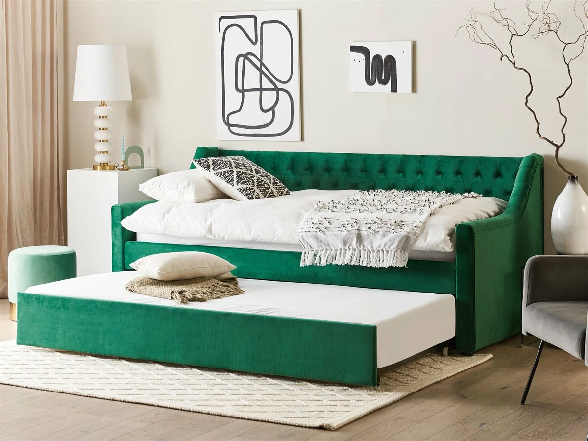 Cama Con Somier De Terciopelo Verde Esmeralda 90 X 200 Cm MONTARGIS