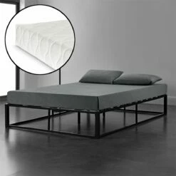Cama Doble (Kreta) Con Colchón Y Listón De Cama Metal-acero 180 X 200 Cm - Negro [en.casa]