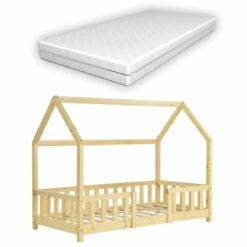 Cama Para Niños Sisimiut Forma De Casa Pino Con Colchón 80x160 Cm Natural [en.casa][neu.haus]