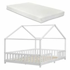 Cama Para Niños Treviolo Forma De Casa Pino Con Colchón 140x200 Cm Blanco Mate [en.casa][neu.haus]