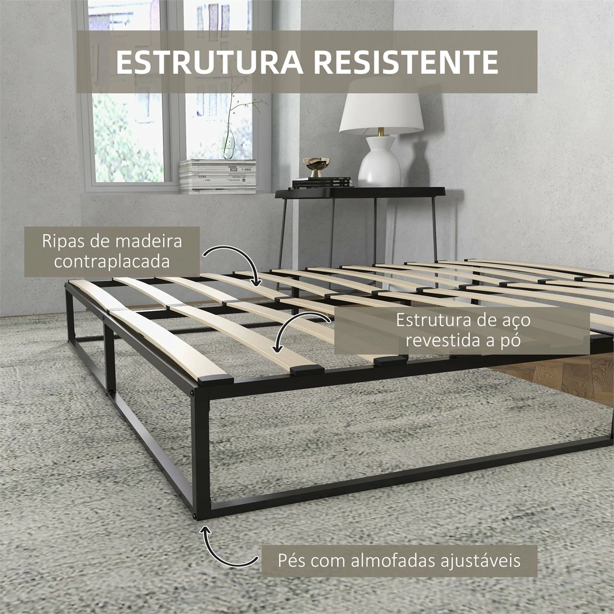 HOMCOM Marco De Cama De Acero Altura 25 Cm Estructura De Cama Para Colchón 180x200 Cm Somier De Listones De Madera Para 1-2 Personas Estilo Moderno Negro - Imagen 6