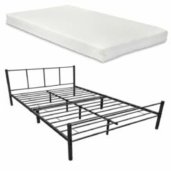 Cama Doble Laos De Metal Con Colchón De Espuma Fría 160 X 200cm Somier Negro Mate [en.casa]