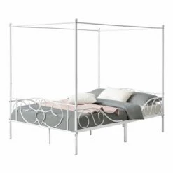 Cama Con Baldaquín Finström Marco Alto Con 4 Esquinas Acero 140 X 200 Cm - Blanco Mate [en.casa]