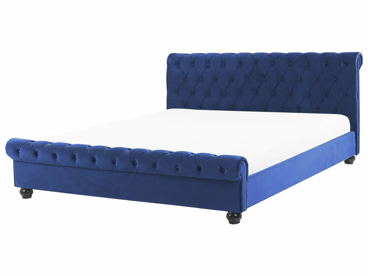 Cama Con Somier De Terciopelo Azul Marino/madera Oscura 180 X 200 Cm AVALLON - Imagen 2