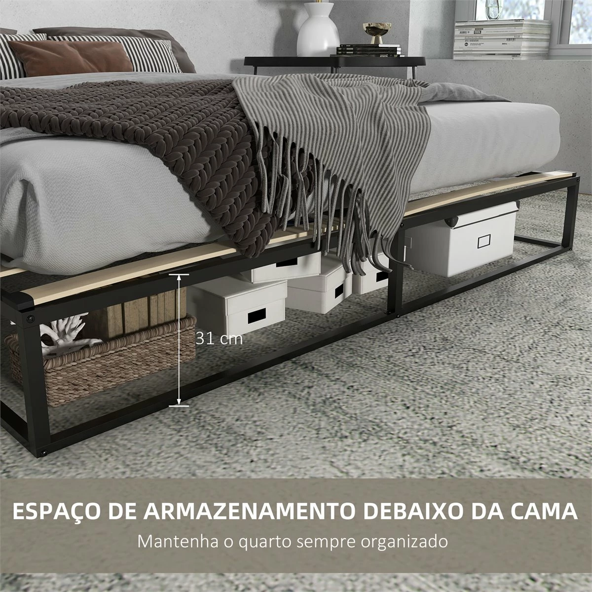 HOMCOM Marco De Cama De Acero Altura 25 Cm Estructura De Cama Para Colchón 180x200 Cm Somier De Listones De Madera Para 1-2 Personas Estilo Moderno Negro - Imagen 5
